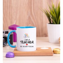 Hediye Dükkanı Kişiye Özel  Öğretmen Ahşap Altlıklı Mumlu Mavi Kupa Bardak