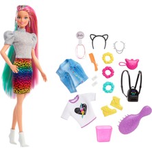 Barbie Leopar Desenli Saçlar Bebeği, 16 adet saç ve giysi aksesuarı ile sarışın bebek, 3-7 yaş GRN81