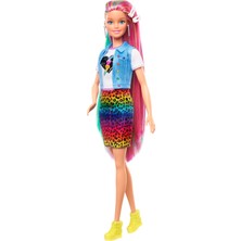 Barbie Leopar Desenli Saçlar Bebeği, 16 adet saç ve giysi aksesuarı ile sarışın bebek, 3-7 yaş GRN81