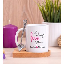 Hediye Dükkanı Kişiye Özel  Sevgililere Özel Baskılı Ahşap Altlıklı Kaşıklı Beyaz Kupa Bardak