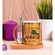 Hediye Dükkanı Kişiye Özel  Dünyanın En Iyi Annesi Ahşap Altlıklı Kaşıklı Gold Kupa Bardak