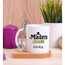 Hediye Dükkanı Kişiye Özel  Maden Mühendisi Ahşap Altlıklı Kaşıklı Beyaz Kupa Bardak