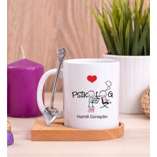 Hediye Dükkanı Kişiye Özel  Psikolog Ahşap Altlıklı Kaşıklı Beyaz Kupa Bardak