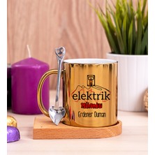 Hediye Dükkanı Kişiye Özel  Elektrik Mühendisi Ahşap Altlıklı Kaşıklı Gold Kupa Bardak