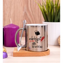 Hediye Dükkanı Kişiye Özel  Edebiyat Öğretmeni Ahşap Altlıklı Kaşıklı Silver Kupa Bardak