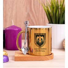 Hediye Dükkanı Kişiye Özel  Hava Kuvvetleri Ahşap Altlıklı Kaşıklı Gold Kupa Bardak