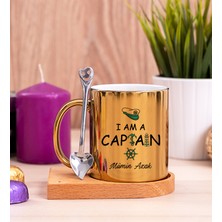 Hediye Dükkanı Kişiye Özel  Kaptan Ahşap Altlıklı Kaşıklı Gold Kupa Bardak