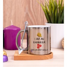 Hediye Dükkanı Kişiye Özel  Mühendis Ahşap Altlıklı Kaşıklı Silver Kupa Bardak