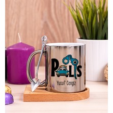 Hediye Dükkanı Kişiye Özel  Polis Ahşap Altlıklı Kaşıklı Silver Kupa Bardak