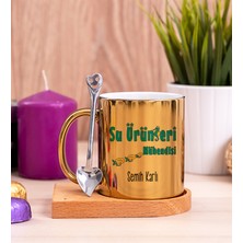 Hediye Dükkanı Kişiye Özel  Su Ürünleri Mühendisi Ahşap Altlıklı Kaşıklı Gold Kupa Bardak