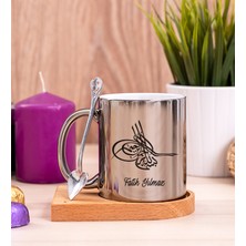 Hediye Dükkanı Kişiye Özel  Osmanlı Tuğralı Ahşap Altlıklı Kaşıklı Silver Kupa Bardak
