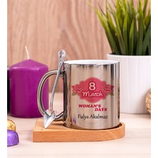 Hediye Dükkanı Kişiye Özel  Kadınlar Günü Hediyesi Ahşap Altlıklı Kaşıklı Silver Kupa Bardak