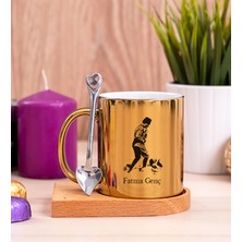 Hediye Dükkanı Kişiye Özel  Atatürk Tasarımlı Ahşap Altlıklı Kaşıklı Gold Kupa Bardak