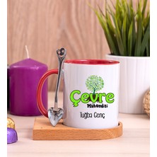 Hediye Dükkanı Kişiye Özel  Çevre Mühendisi Ahşap Altlıklı Kaşıklı Kırmızı Kupa Bardak