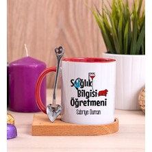 Hediye Dükkanı Kişiye Özel  Sağlık Bilgisi Öğretmeni Ahşap Altlıklı Kaşıklı Kırmızı Kupa Bardak