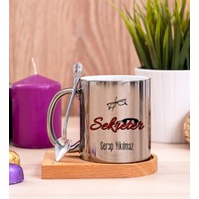 Hediye Dükkanı Kişiye Özel  Sekreter Ahşap Altlıklı Kaşıklı Silver Kupa Bardak