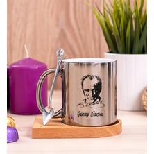 Hediye Dükkanı Kişiye Özel  Atatürk Siluetli Ahşap Altlıklı Kaşıklı Silver Kupa Bardak