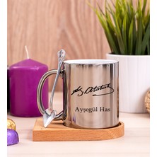 Hediye Dükkanı Kişiye Özel  Atatürk Imzalı Ahşap Altlıklı Kaşıklı Silver Kupa Bardak