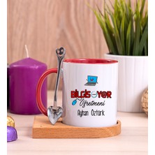 Hediye Dükkanı Kişiye Özel  Bilgisayar Öğretmeni Ahşap Altlıklı Kaşıklı Kırmızı Kupa Bardak