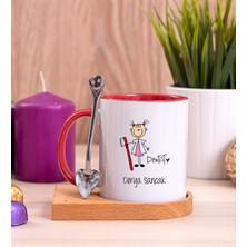 Hediye Dükkanı Kişiye Özel  Bayan Diş Hekimi Karikatürü Ahşap Altlıklı Kaşıklı Kırmızı Kupa Bardak