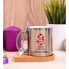 Hediye Dükkanı Kişiye Özel  Kadınlar Günü Hediyesi Ahşap Altlıklı Kaşıklı Silver Kupa Bardak