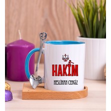 Hediye Dükkanı Kişiye Özel  Hakim Ahşap Altlıklı Kaşıklı Mavi Kupa Bardak