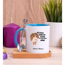 Hediye Dükkanı Kişiye Özel  Içime Attıklarım Ağır Ahşap Altlıklı Kaşıklı Mavi Kupa Bardak