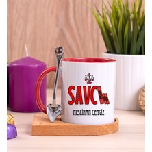 Hediye Dükkanı Kişiye Özel  Savcı Ahşap Altlıklı Kaşıklı Kırmızı Kupa Bardak