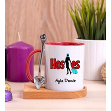 Hediye Dükkanı Kişiye Özel  Hostes Ahşap Altlıklı Kaşıklı Kırmızı Kupa Bardak