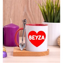 Hediye Dükkanı Kişiye Özel  Isim Yazılı Kırmızı Kalpli Ahşap Altlıklı Kaşıklı Kırmızı Kupa Bardak