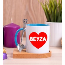 Hediye Dükkanı Kişiye Özel  Isim Yazılı Kırmızı Kalpli Ahşap Altlıklı Kaşıklı Mavi Kupa Bardak