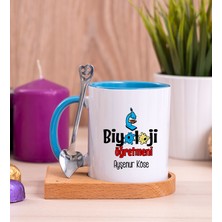 Hediye Dükkanı Kişiye Özel  Biyoloji Öğretmeni Ahşap Altlıklı Kaşıklı Mavi Kupa Bardak