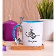 Hediye Dükkanı Kişiye Özel  Osmanlı Tuğralı Ahşap Altlıklı Kaşıklı Mavi Kupa Bardak