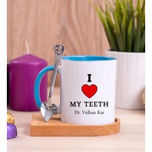 Hediye Dükkanı Kişiye Özel  Dişlerimi Seviyorum Ahşap Altlıklı Kaşıklı Mavi Kupa Bardak