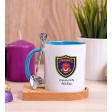 Hediye Dükkanı Kişiye Özel  Deniz Kuvvetleri Ahşap Altlıklı Kaşıklı Mavi Kupa Bardak