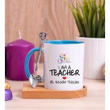 Hediye Dükkanı Kişiye Özel  Öğretmen Ahşap Altlıklı Kaşıklı Mavi Kupa Bardak