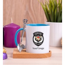 Hediye Dükkanı Kişiye Özel  Özel Harekat Polisi Ahşap Altlıklı Kaşıklı Mavi Kupa Bardak