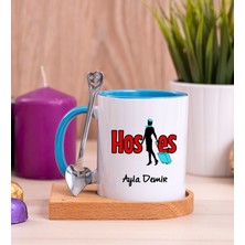 Hediye Dükkanı Kişiye Özel  Hostes Ahşap Altlıklı Kaşıklı Mavi Kupa Bardak