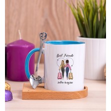 Hediye Dükkanı Kişiye Özel  Best Friends Ahşap Altlıklı Kaşıklı Mavi Kupa Bardak