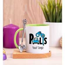 Hediye Dükkanı Kişiye Özel  Polis Ahşap Altlıklı Kaşıklı Yeşil Kupa Bardak