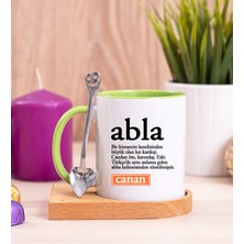 Hediye Dükkanı Kişiye Özel  Abla Kelime Anlamı Ahşap Altlıklı Kaşıklı Yeşil Kupa Bardak