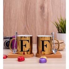 Hediye Dükkanı Kişiye Özel Baş Harfli Ikili Ahşap Altlıklı Gold Kupa Bardak