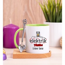 Hediye Dükkanı Kişiye Özel  Elektrik Teknikeri Ahşap Altlıklı Kaşıklı Yeşil Kupa Bardak
