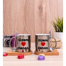 Hediye Dükkanı Kişiye Özel Sevgililere Özel Isim Yazılı Ikili Ahşap Altlıklı Silver  Kupa Bardak