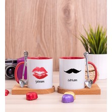 Hediye Dükkanı Kişiye Özel Dudak ve Bıyık Tasarım Ikili Ahşap Altlıklı Kırmızı Kupa Bardak