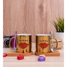 Hediye Dükkanı Kişiye Özel Sevgililere Özel Tarihli ve Isimli Ikili Ahşap Altlıklı Gold Kupa Bardak