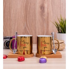 Hediye Dükkanı Kişiye Özel Sevgililere Özel Baskılı Ikili Ahşap Altlıklı Gold Kupa Bardak