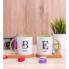 Hediye Dükkanı Kişiye Özel Baş Harfli ve Isimli Ikili Ahşap Altlıklı Yeşil Kupa Bardak