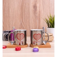 Hediye Dükkanı Kişiye Özel Kalpli Ikili Ahşap Altlıklı Silver  Kupa Bardak
