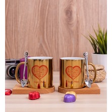 Hediye Dükkanı Kişiye Özel Kalpli Ikili Ahşap Altlıklı Gold Kupa Bardak